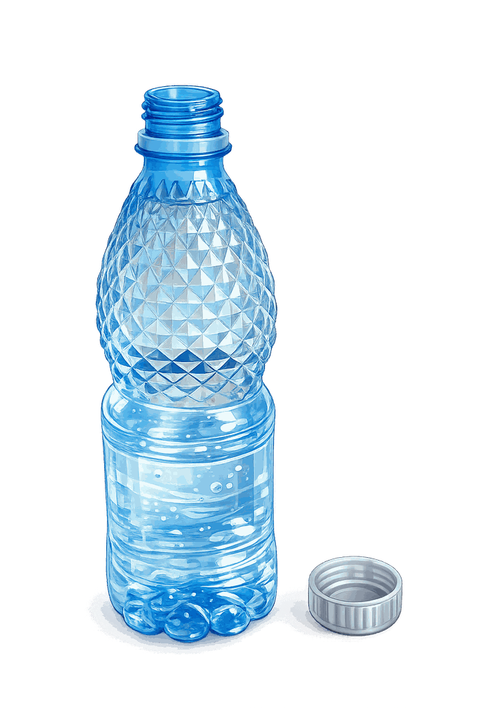 PET-Flasche mit sauber abgetrenntem Deckel daneben