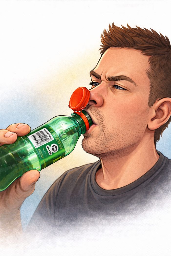 Mann trinkt aus Flasche, der rote Deckel hängt ihm im Gesicht